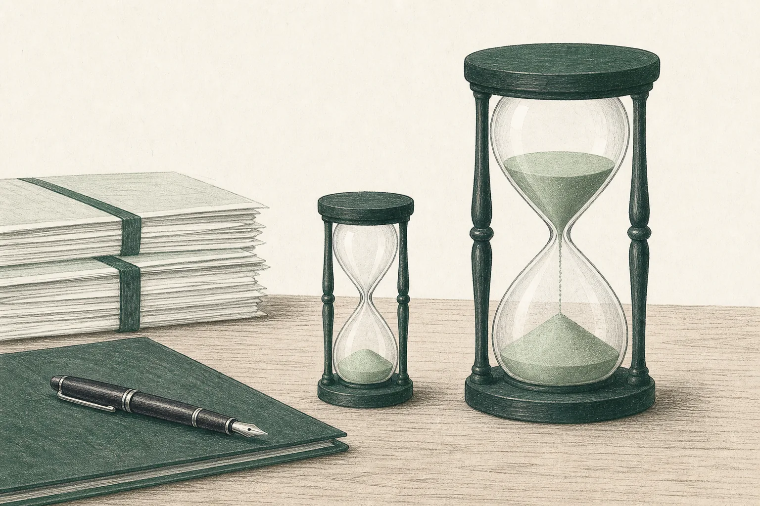 An illustration of two hourglasses of different sizes on a desk beside a stack of bound company papers and a fountain pen. The smaller hourglass has already run out; the larger one is still running.