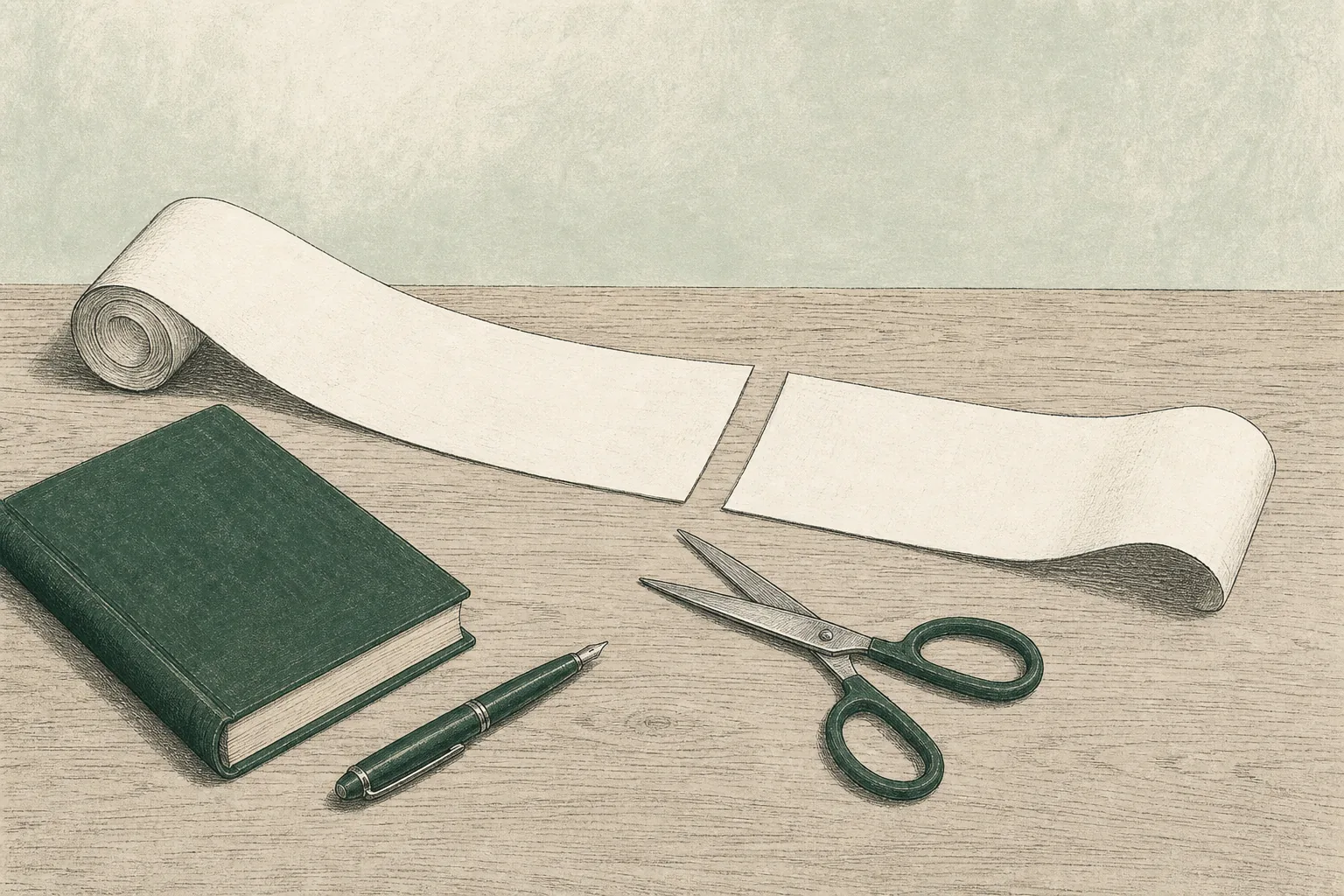 An illustration of a long roll of paper unrolled across a desk and cut cleanly into two shorter lengths by a pair of scissors, beside a closed ledger and a fountain pen.