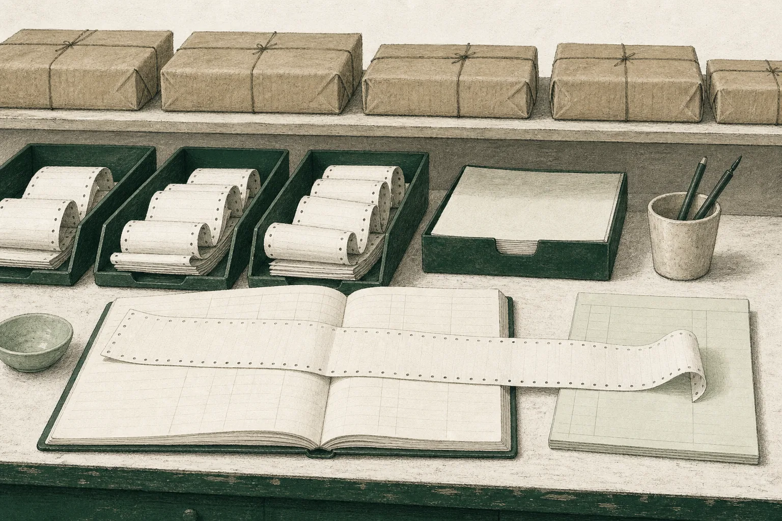 A packing bench with sealed parcels above trays of coiled paper rolls, and one long unbroken settlement roll laid across an open ledger