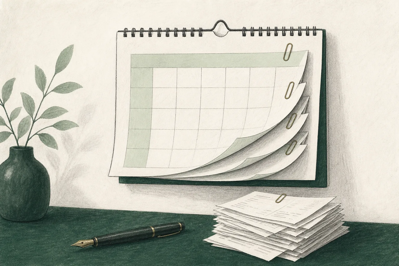 Wall calendar with four pages held back by brass paper clips, a fountain pen and a stack of receipts beneath — one page per MTD quarterly update