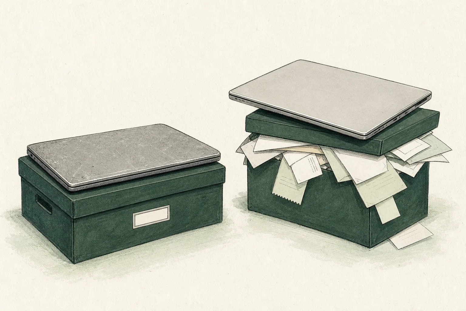 Two closed laptops used as lids on document boxes — a scuffed laptop lying flat on a tidy shut box, a pristine laptop rocking on a box overflowing with papers