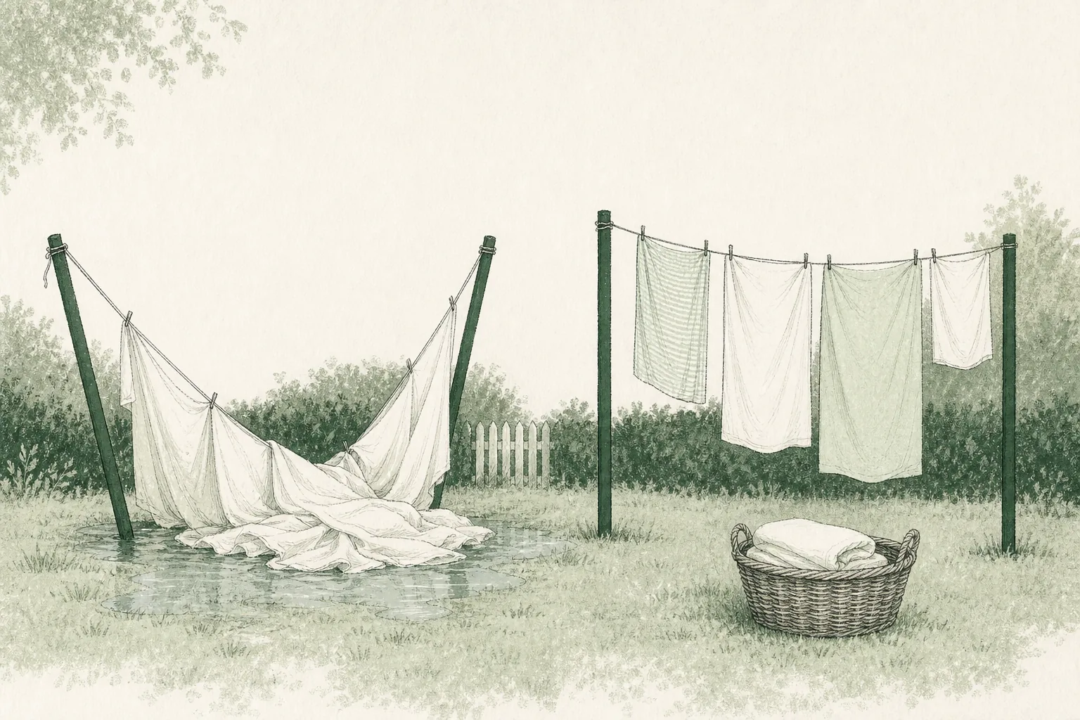 Two garden washing lines: one snapped under a final sheet, the whole wash fallen in a puddle; the other hanging safely with that sheet resting in a linen basket